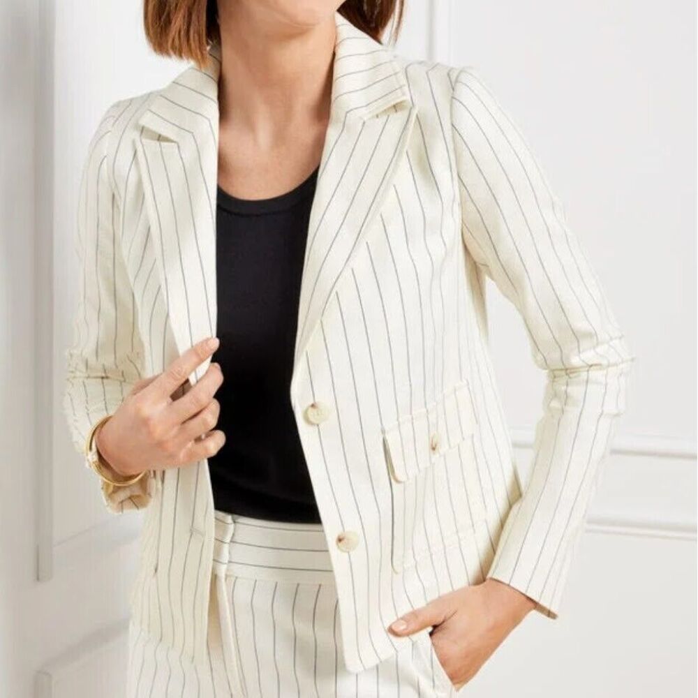 Talbots Cropped 2 Button Jacket Sunny Pinstripe Ivory/Navy‎ Size 12 NEW